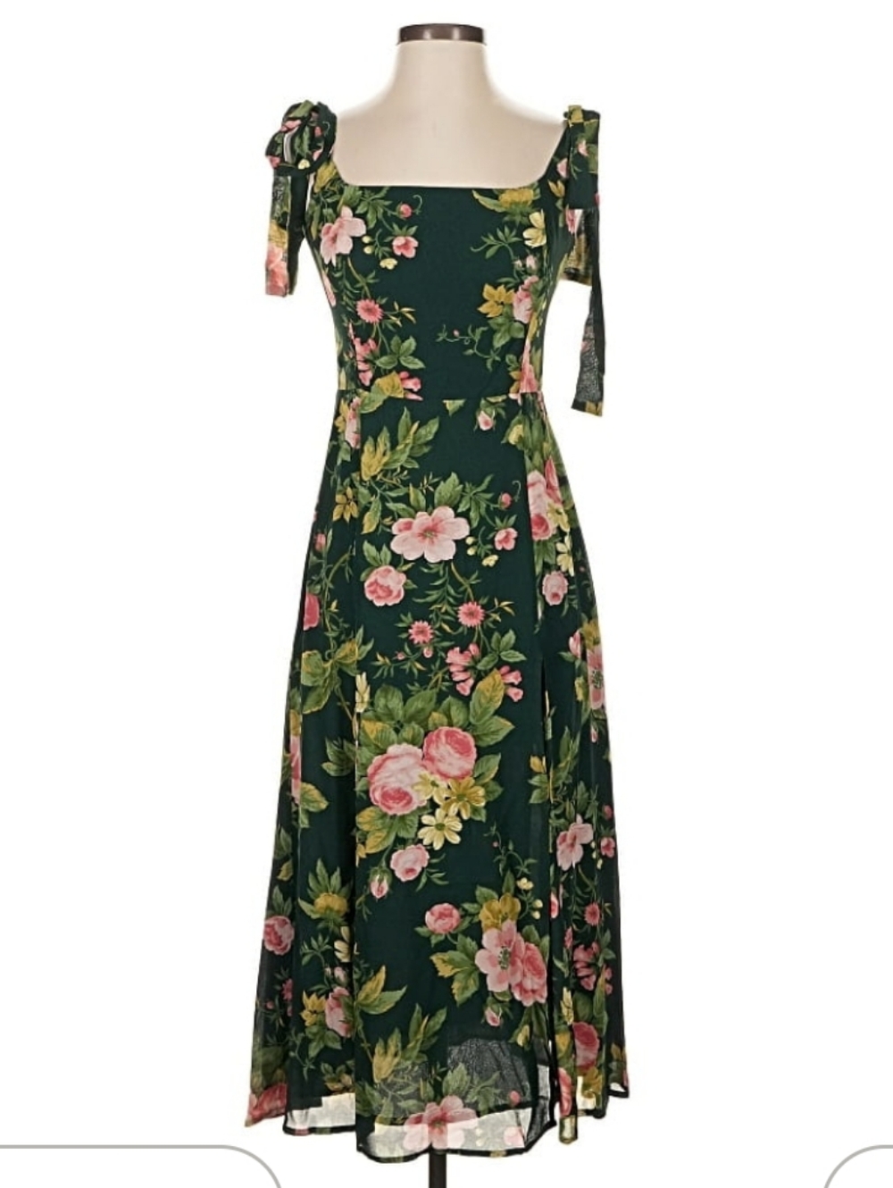 Reformation Dark Green Floral Midi Dress with Pink Blooms - Picture 4 of 6
